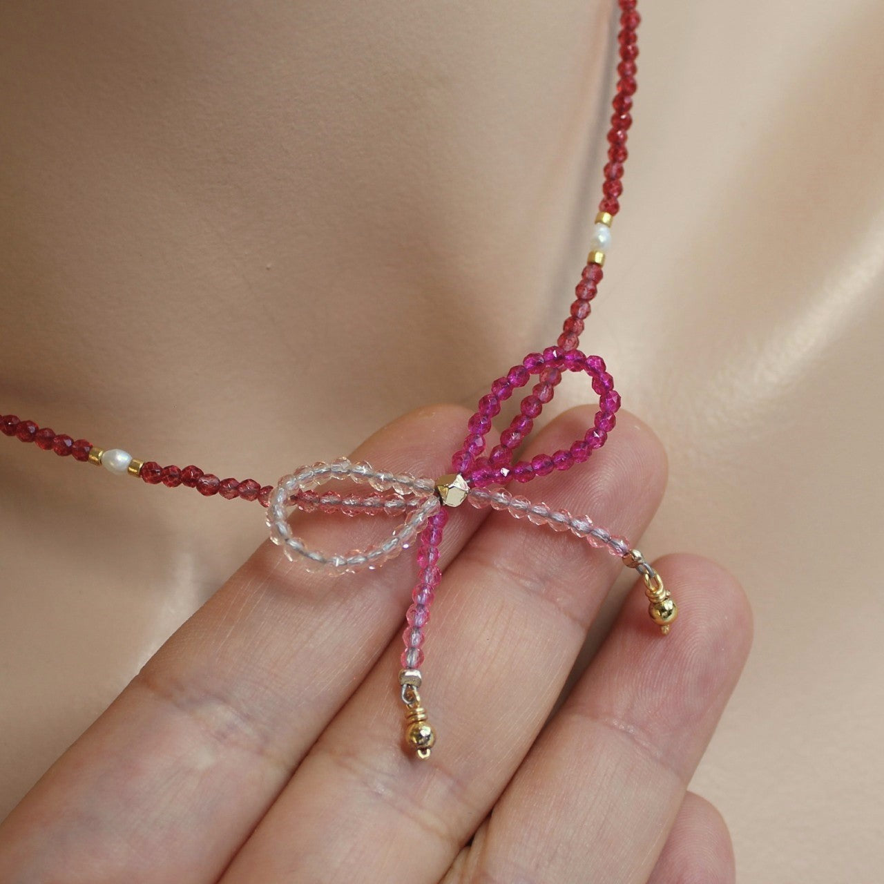 Red and Hot Pink Ombre Crystal Bow Freshwater Pearl Beaded Choker Necklace