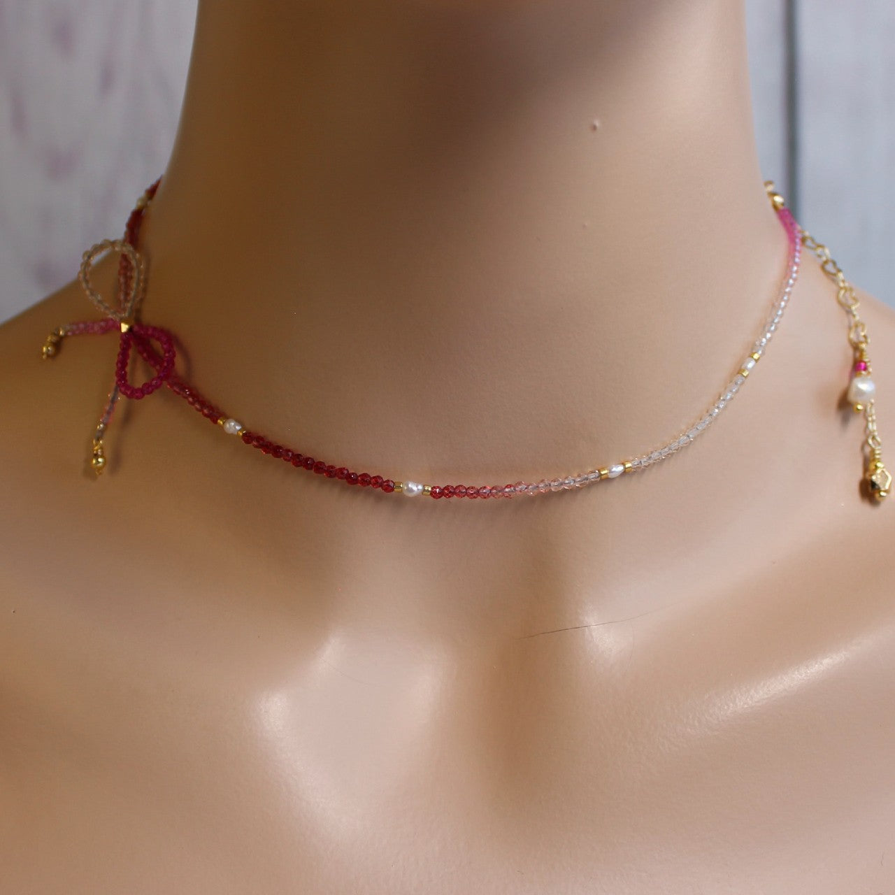 Red and Hot Pink Ombre Crystal Bow Freshwater Pearl Beaded Choker Necklace