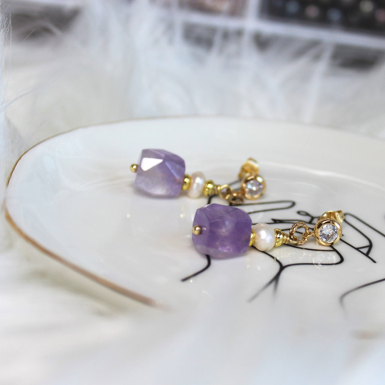Natural Faceted Amethyst with Freshwater Pearl CZ Stud Dangle Earrings/925 Sterling Silver Needle