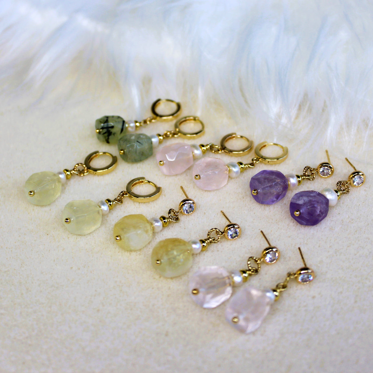 Natural Faceted Prehnite with Freshwater Pearl CZ Stud Dangle Earrings/925 Sterling Silver Needle