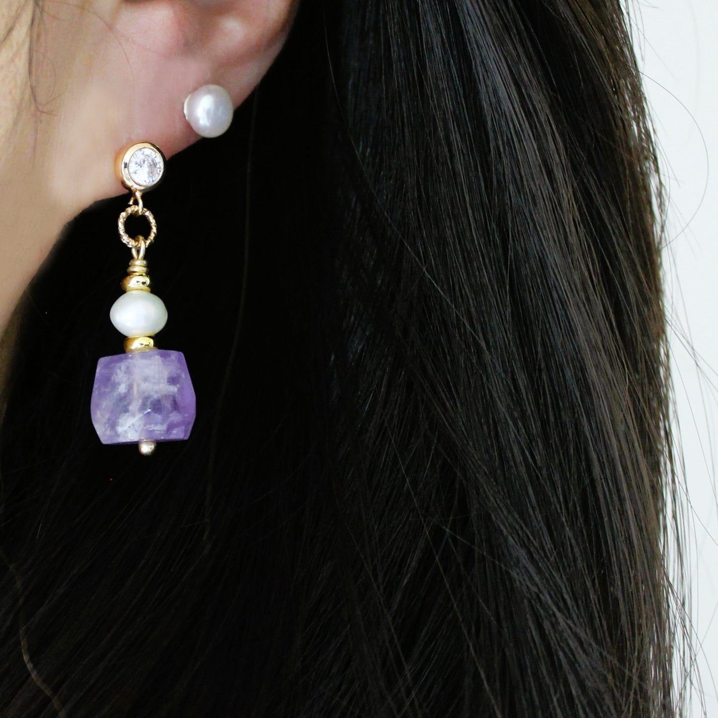 Natural Faceted Amethyst with Freshwater Pearl CZ Stud Dangle Earrings/925 Sterling Silver Needle