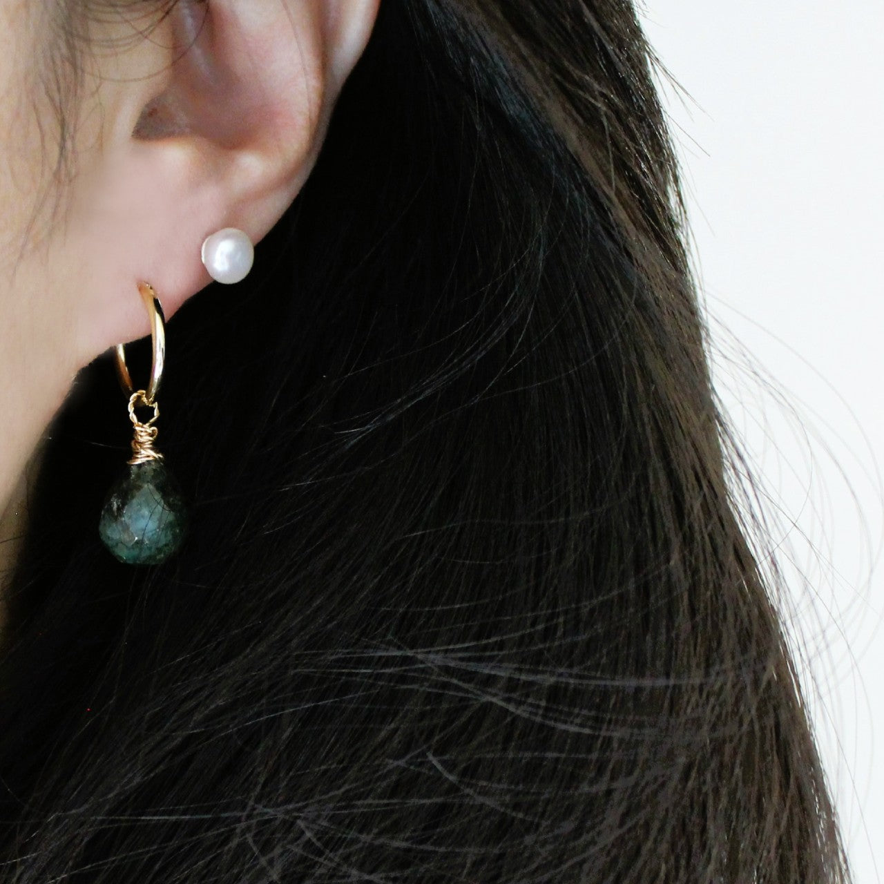 Genuine Faceted Teardrop Emerald 18k Gold Filled Dangle Earrings, Huggie hoops