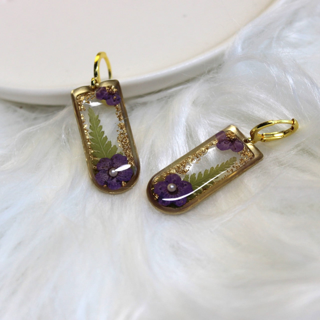 Gold Rectangular Real Dried Pressed Plum Flower and Fern leaf Resin Dangle Earrings