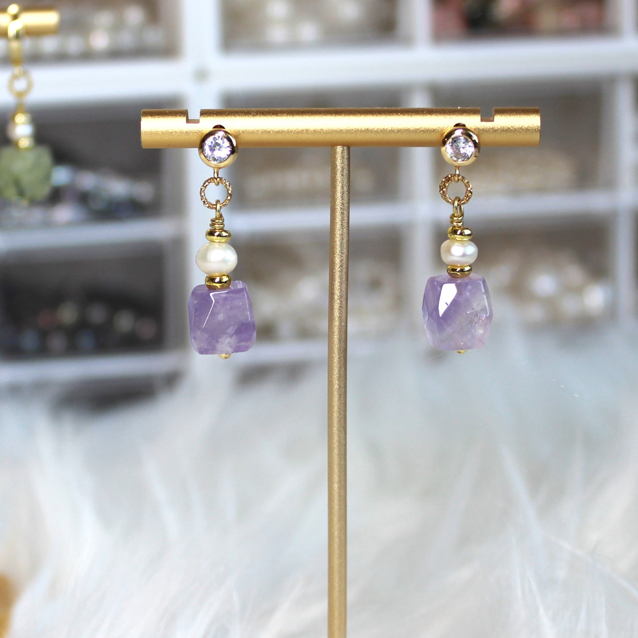 Natural Faceted Amethyst with Freshwater Pearl CZ Stud Dangle Earrings/925 Sterling Silver Needle