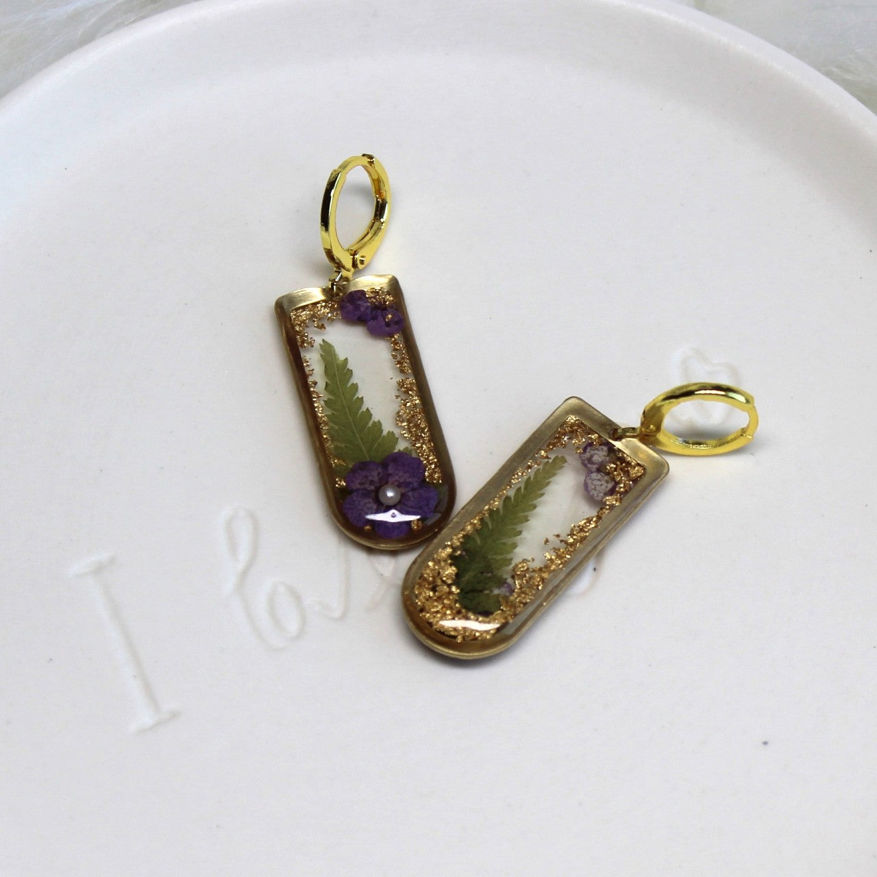 Gold Rectangular Real Dried Pressed Plum Flower and Fern leaf Resin Dangle Earrings