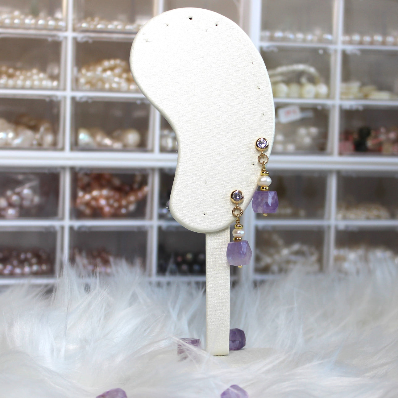 Natural Faceted Amethyst with Freshwater Pearl CZ Stud Dangle Earrings/925 Sterling Silver Needle