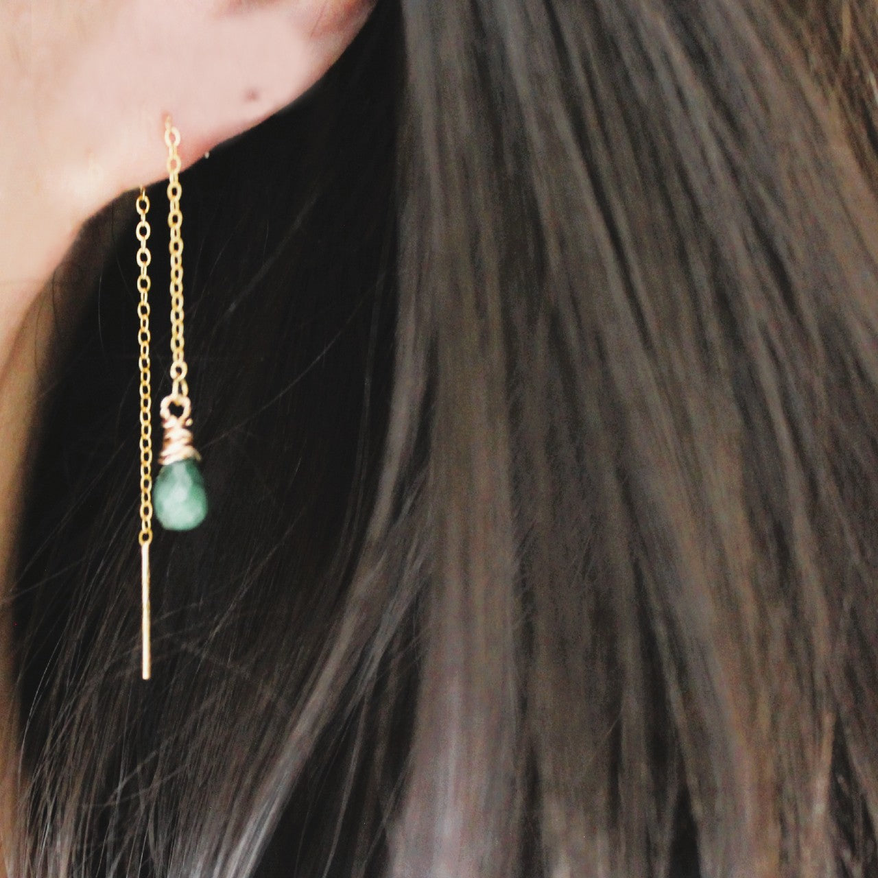 Genuine Corundum Faceted Teardrop Emerald Delicate Threader 925 Sterling Silver Dangle Earrings