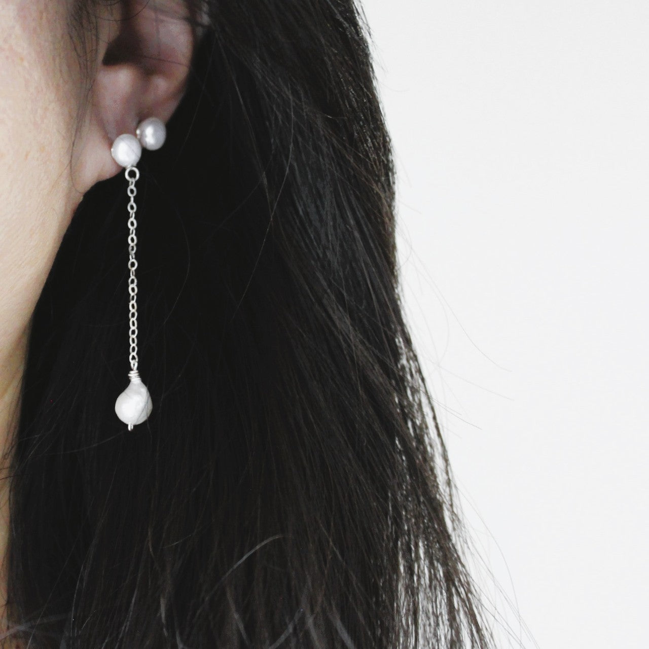 Natural Tiny Baroque Freshwater Pearl Sterling Silver Long Chain Pearl Stud Dangle Earrings