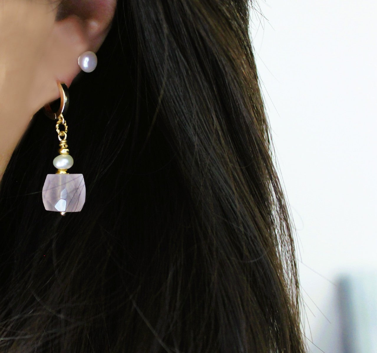 Natural Faceted Rose Quartz with Freshwater Pearl CZ Stud Dangle Earrings/925 Sterling Silver Needle