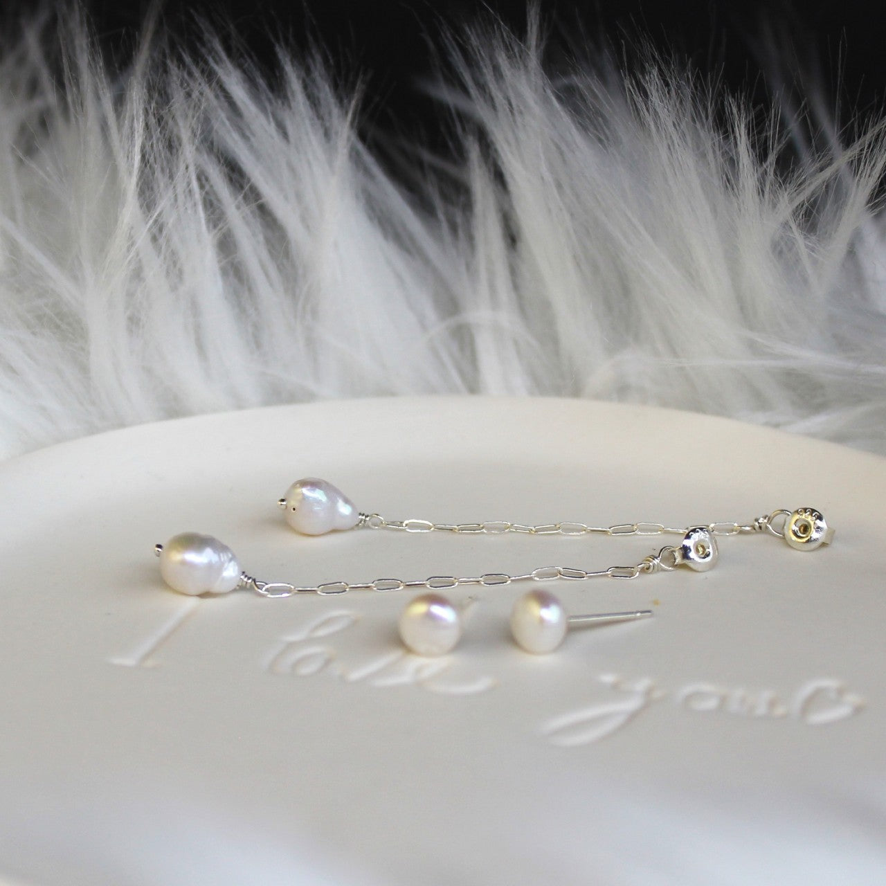 Natural Tiny Baroque Pearl Front Back Sterling Silver Long Chain Pearl Stud Dangle Earrings
