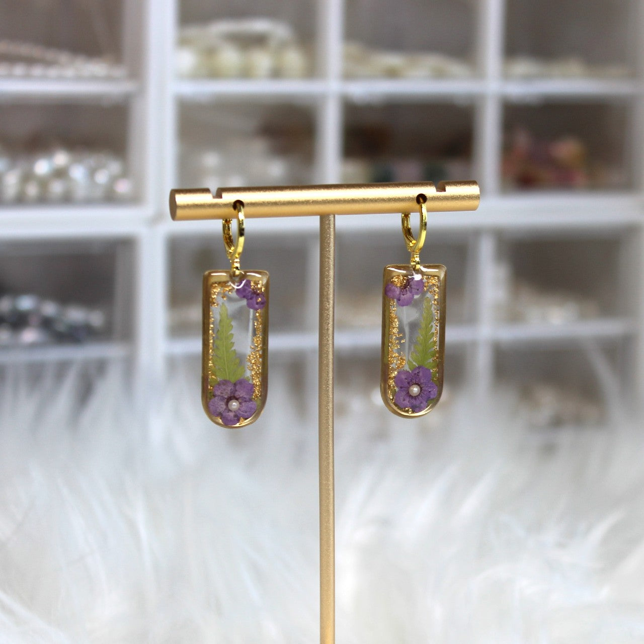 Gold Rectangular Real Dried Pressed Plum Flower and Fern leaf Resin Dangle Earrings