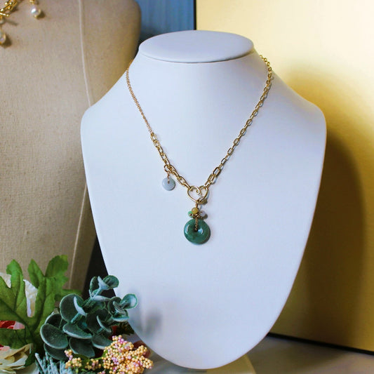Natural Donut Jadeite Green Grade A Jade ICE Burma Myanmar Gold Filled Heart Carabiner Necklace