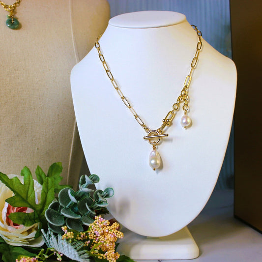 14K Real Gold Plated Chunky Chain Toggle Bar with Baroque Pearl Pendant Necklace