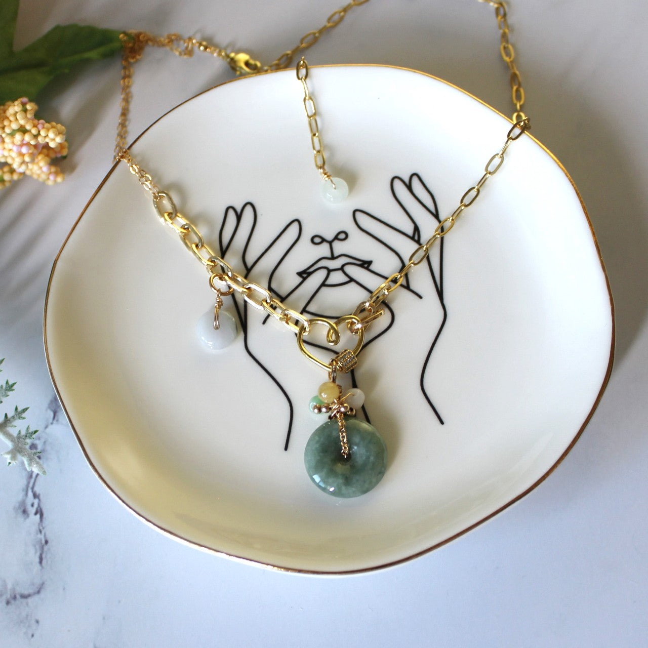 Natural Donut Jadeite Green Grade A Jade ICE Burma Myanmar Gold Filled Heart Carabiner Necklace