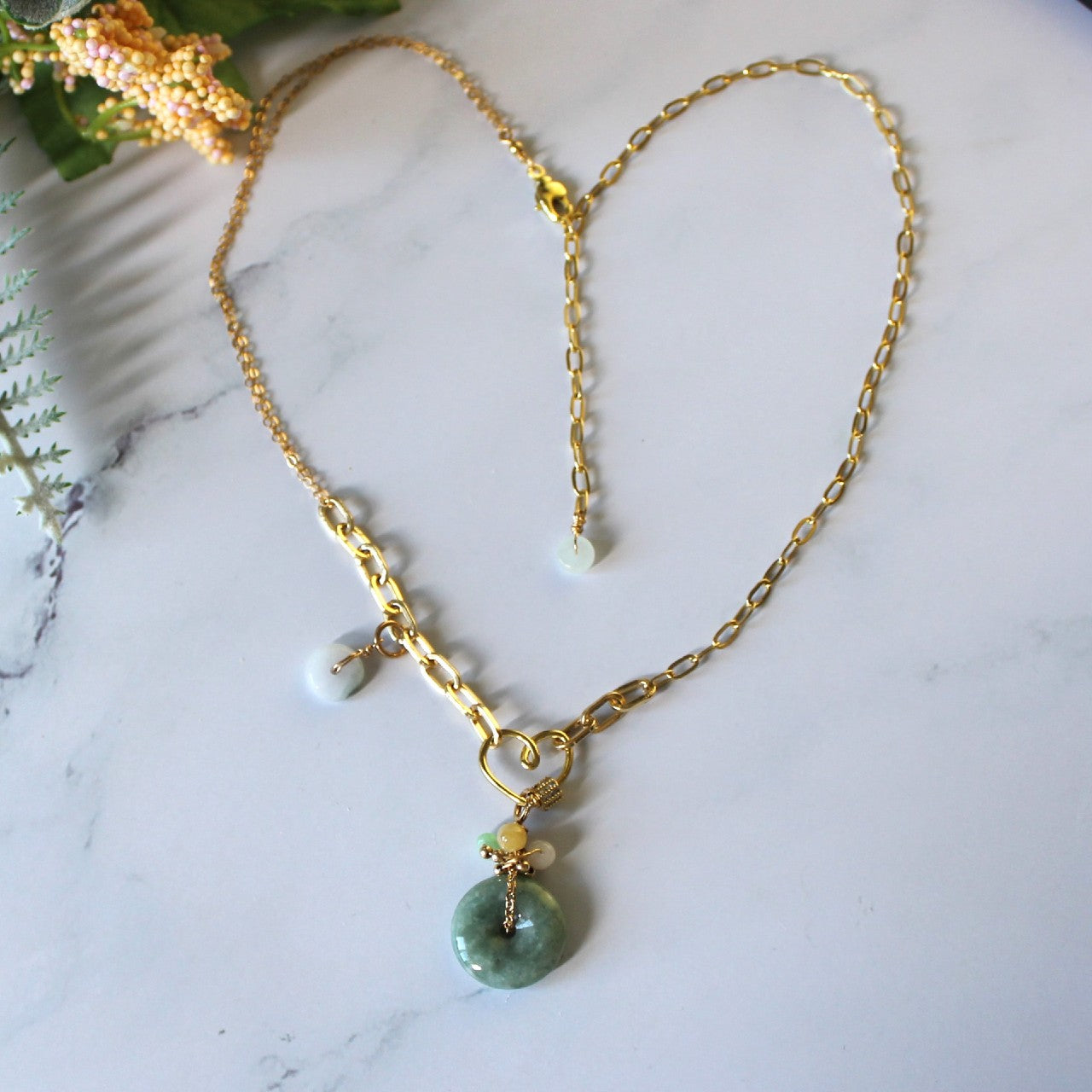 Natural Donut Jadeite Green Grade A Jade ICE Burma Myanmar Gold Filled Heart Carabiner Necklace