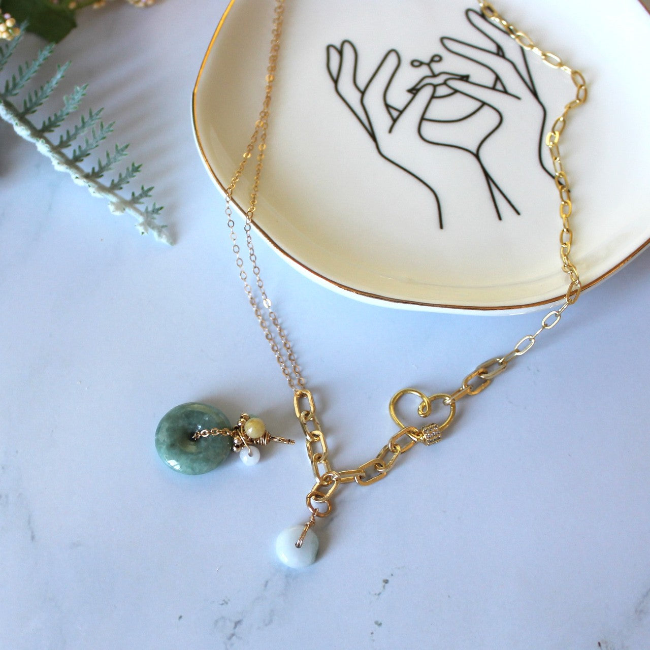 Natural Donut Jadeite Green Grade A Jade ICE Burma Myanmar Gold Filled Heart Carabiner Necklace