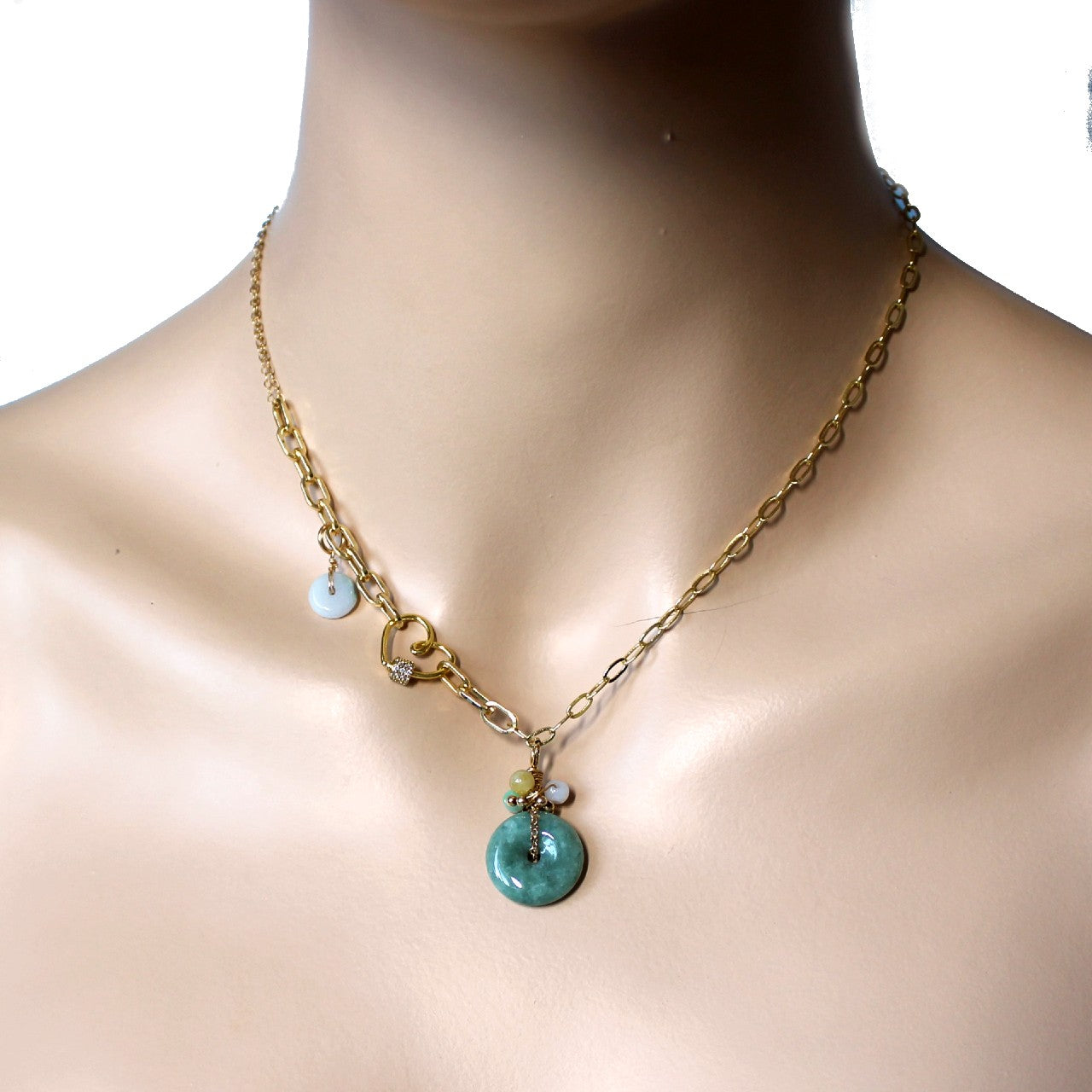 Natural Donut Jadeite Green Grade A Jade ICE Burma Myanmar Gold Filled Heart Carabiner Necklace