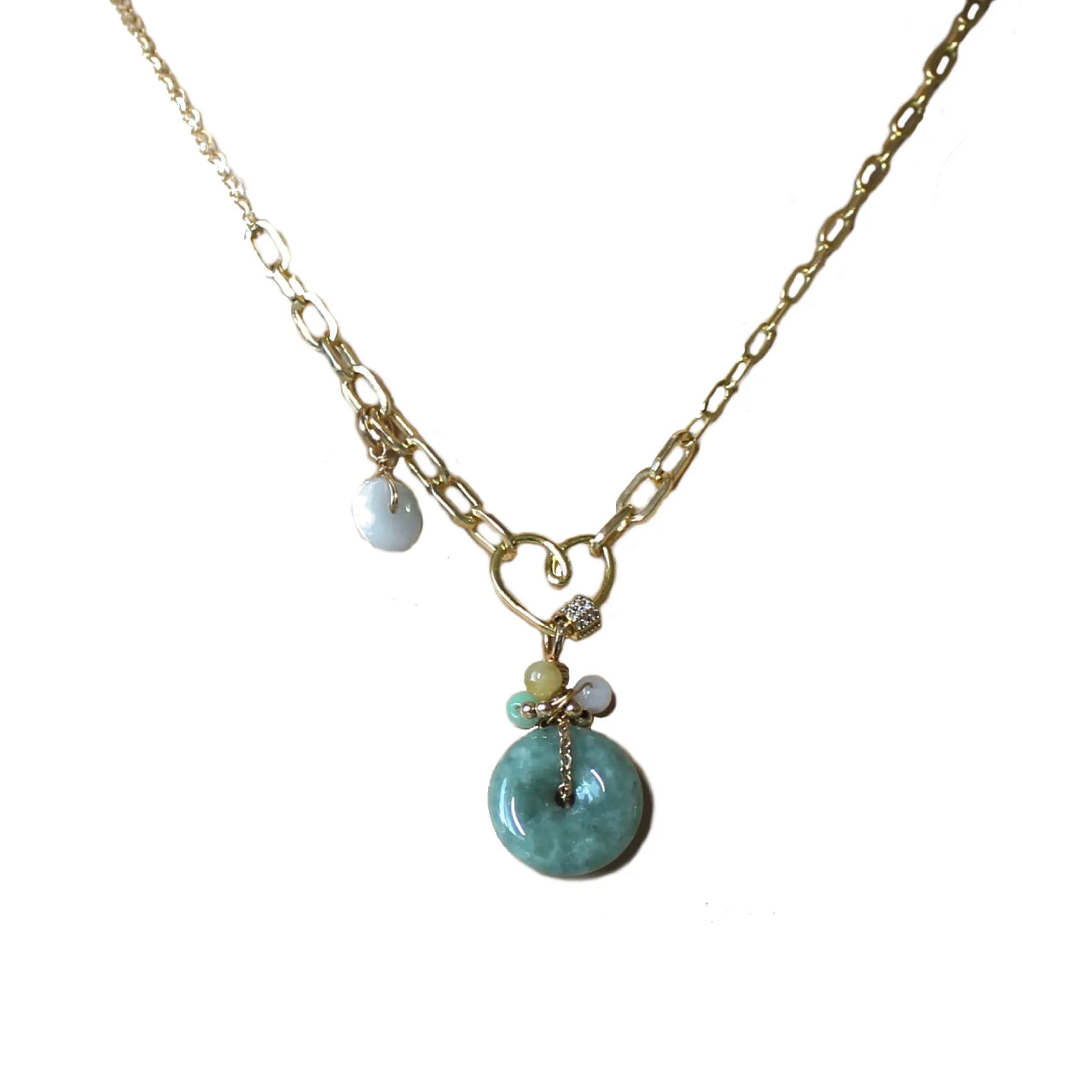 Natural Donut Jadeite Green Grade A Jade ICE Burma Myanmar Gold Filled Heart Carabiner Necklace