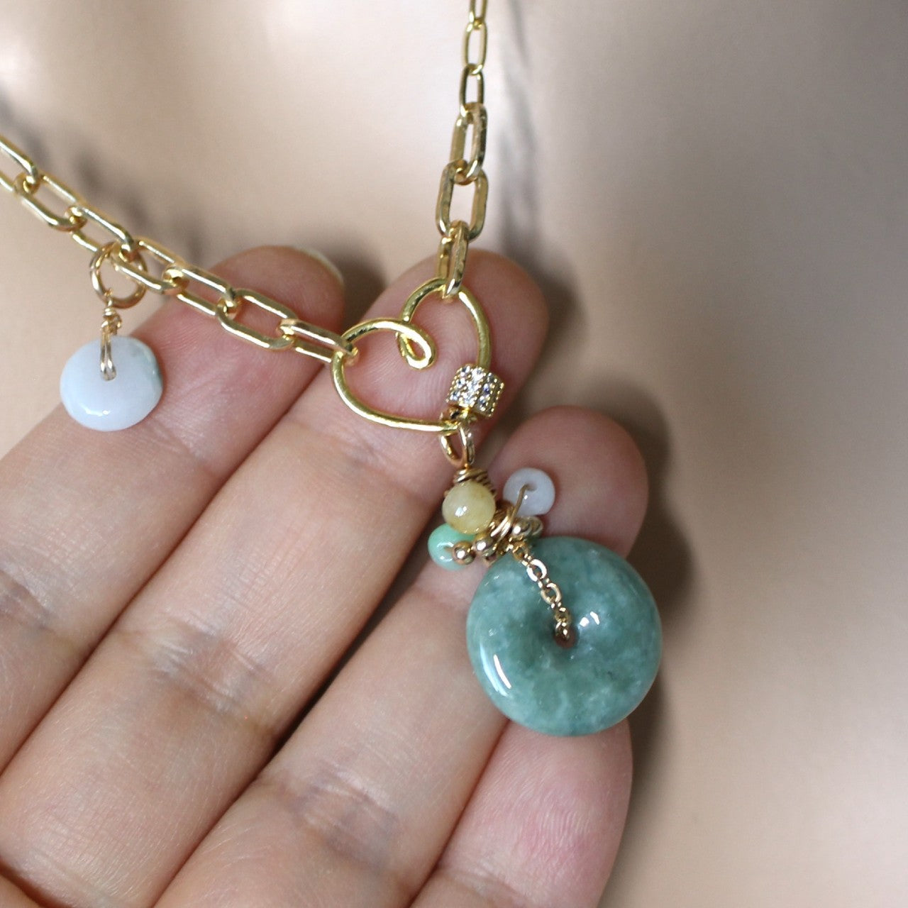 Natural Donut Jadeite Green Grade A Jade ICE Burma Myanmar Gold Filled Heart Carabiner Necklace
