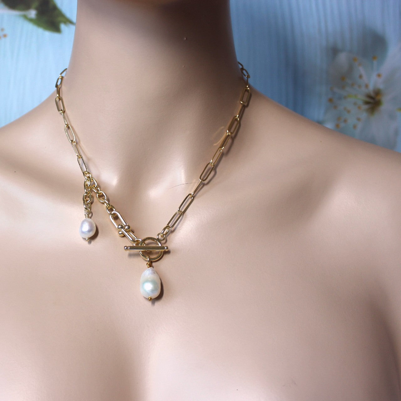 14K Real Gold Plated Chunky Chain Toggle Bar with Baroque Pearl Pendant Necklace