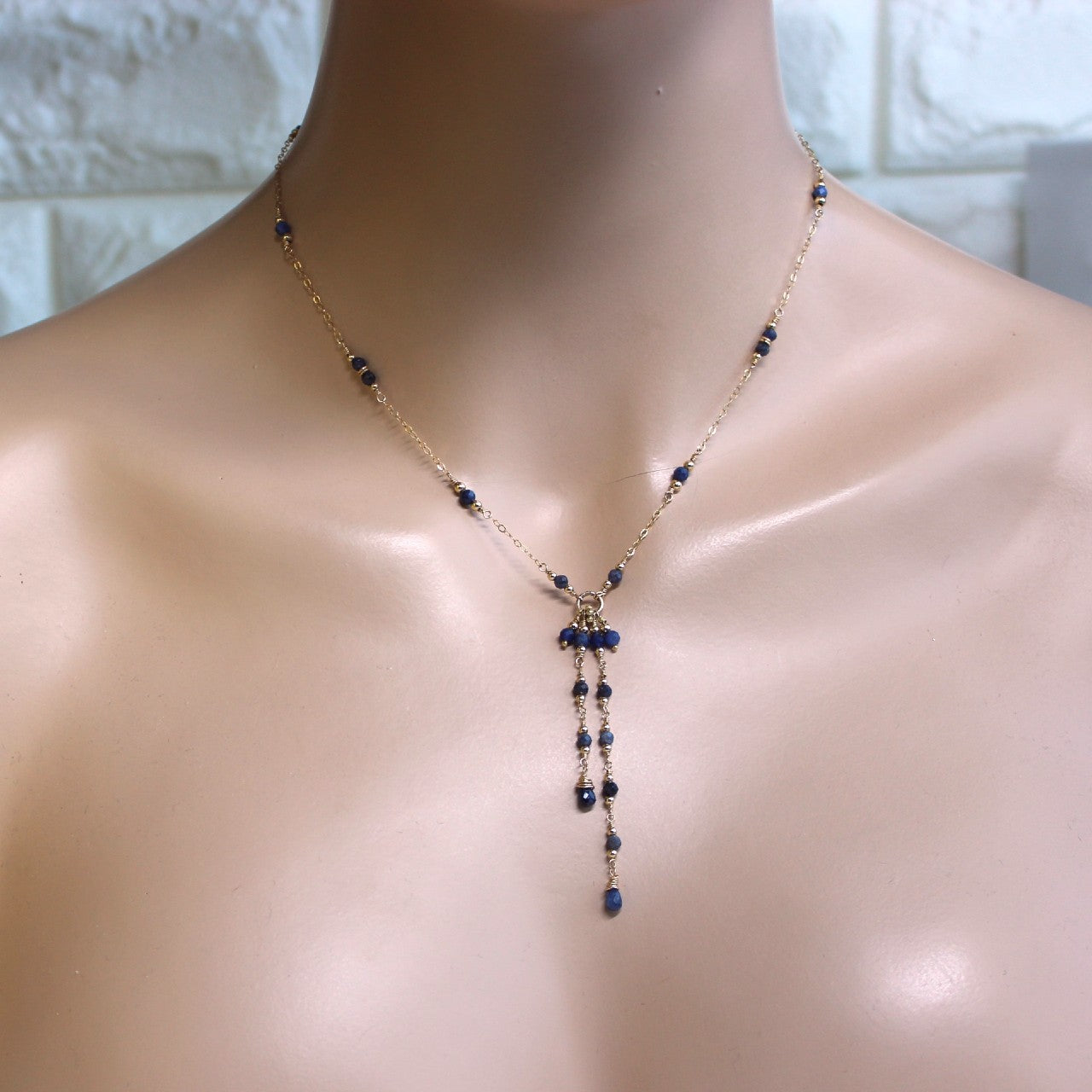 Blue Sapphire Lariat 14K Gold Filled Chain Tassel Necklace, Y Delicate Chain Necklace