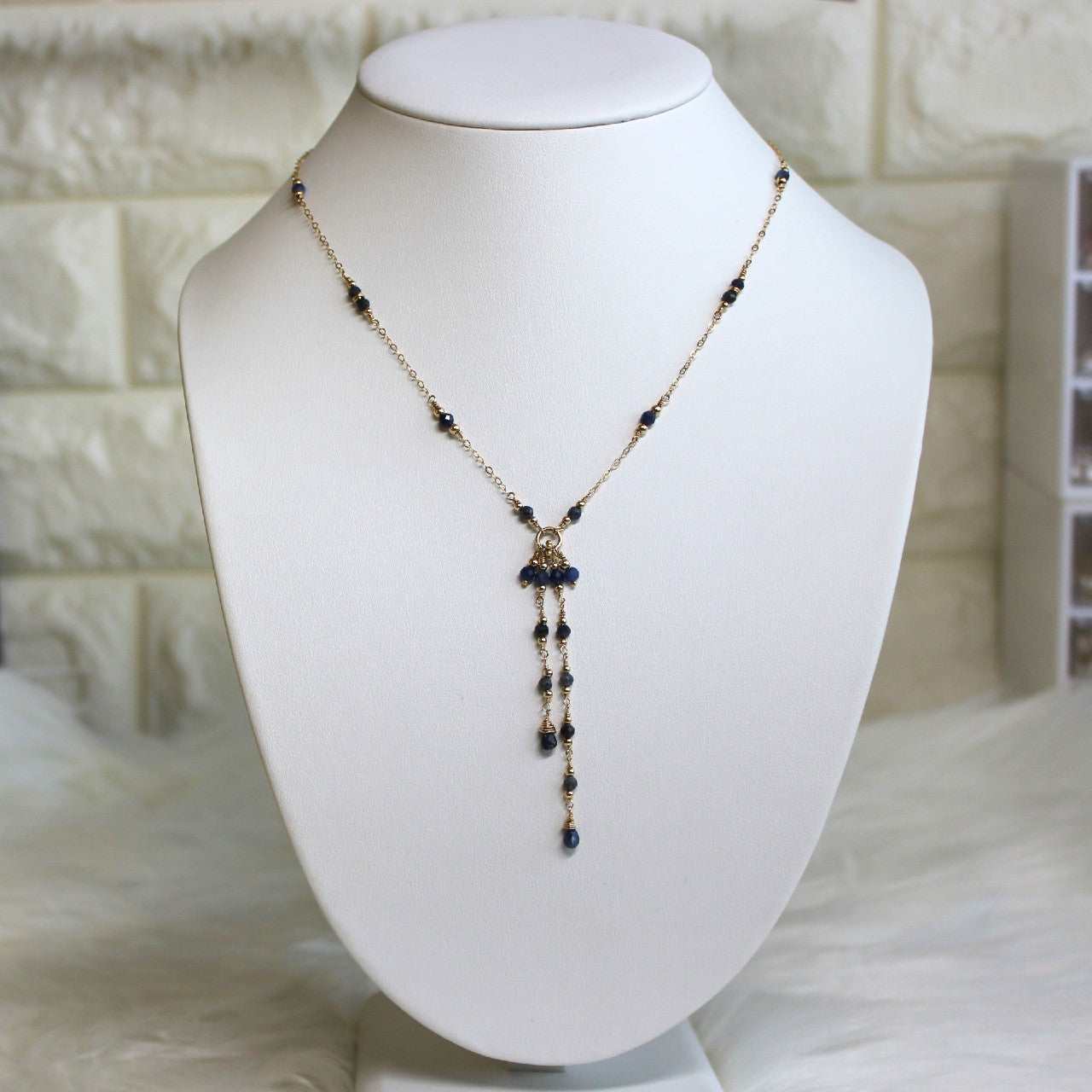 Blue Sapphire Lariat 14K Gold Filled Chain Tassel Necklace, Y Delicate Chain Necklace