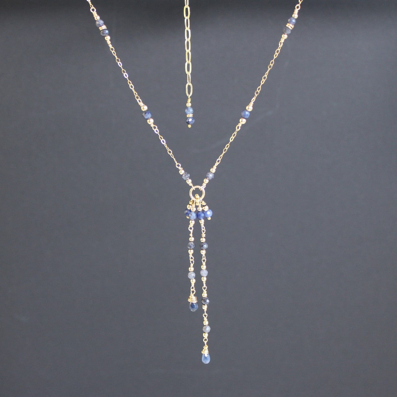Blue Sapphire Lariat 14K Gold Filled Chain Tassel Necklace, Y Delicate Chain Necklace