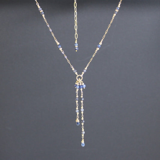 Blue Sapphire Lariat 14K Gold Filled Chain Tassel Necklace, Y Delicate Chain Necklace