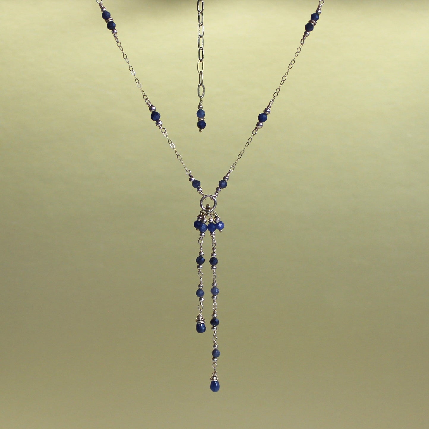 Blue Sapphire Lariat 14K Gold Filled Chain Tassel Necklace, Y Delicate Chain Necklace
