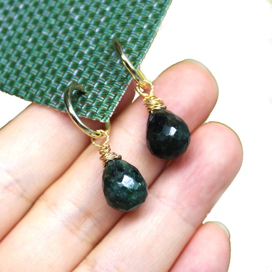 Genuine Faceted Teardrop Emerald 18k Gold Filled Dangle Earrings, Huggie hoops