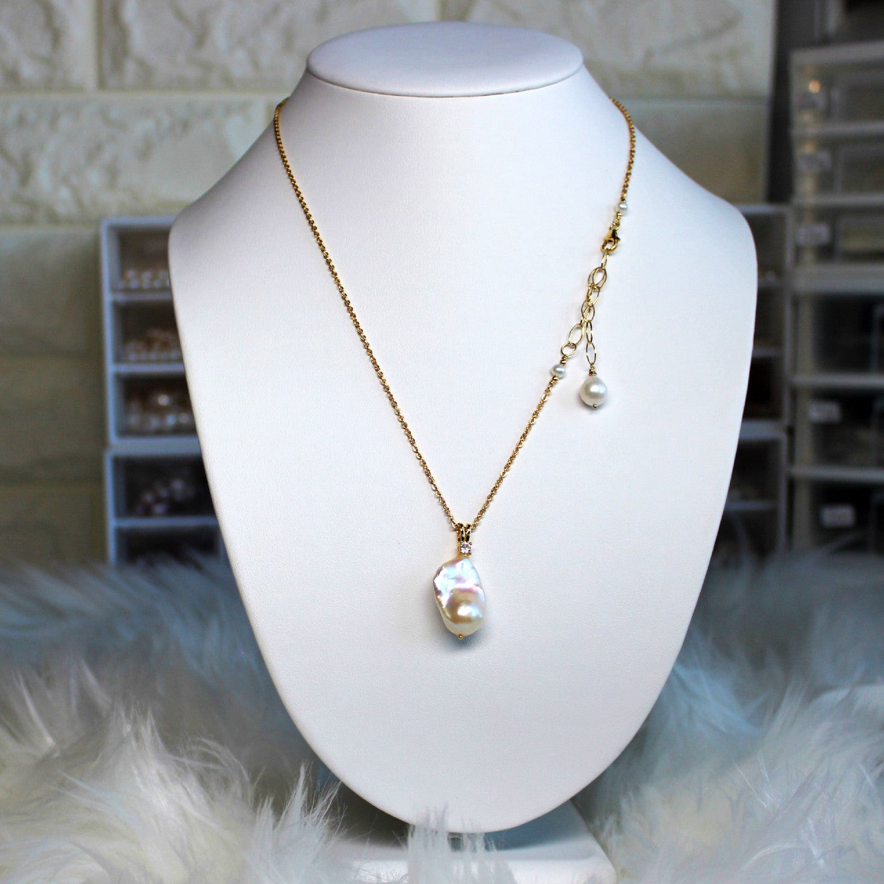 High Luster White Flameball Baroque Pearl Pendant 14K Gold Filled Necklace
