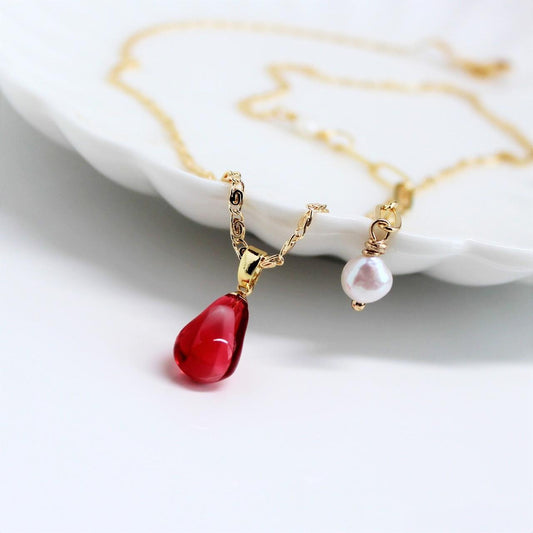 Red Pomegranate Seed and Baroque Pearl Necklace