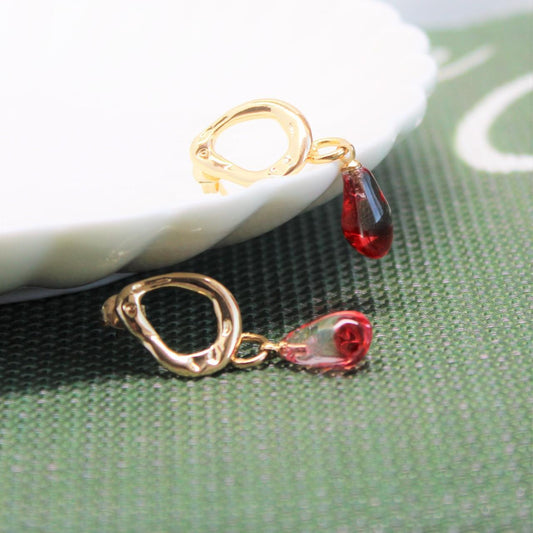 18k Real Gold Irregular Oval Ring Stud with Resin Pomegranate seed Earrings