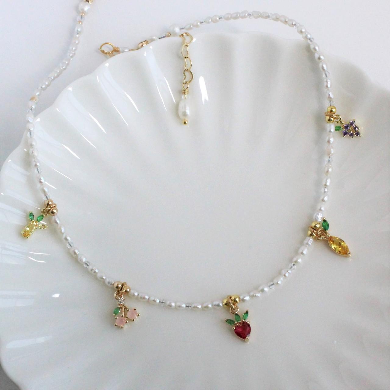 Pearl CZ Fruit Charm Beaded Choker Necklace