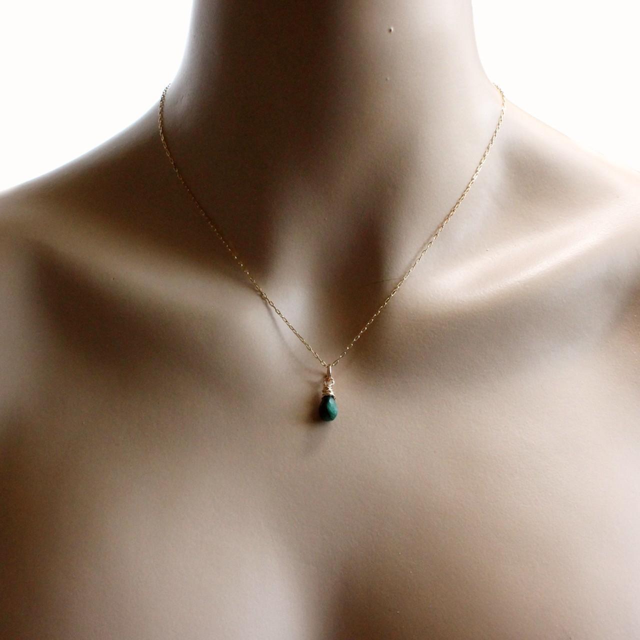 Genuine Faceted Teardrop Emerald 14k Gold Filled Chain Necklace