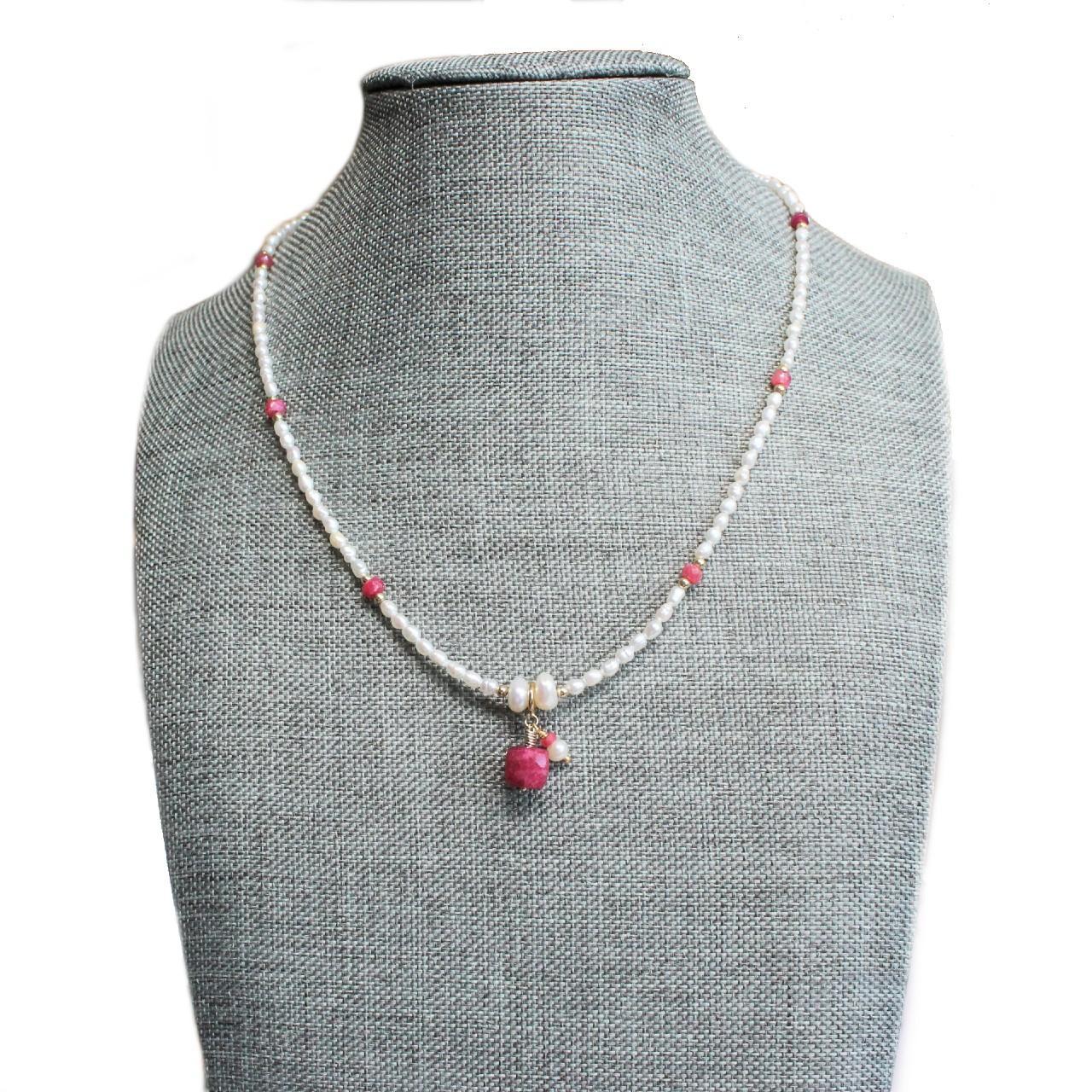 Natural Ruby and Pearls Beaded 14k Gold Filled Necklace