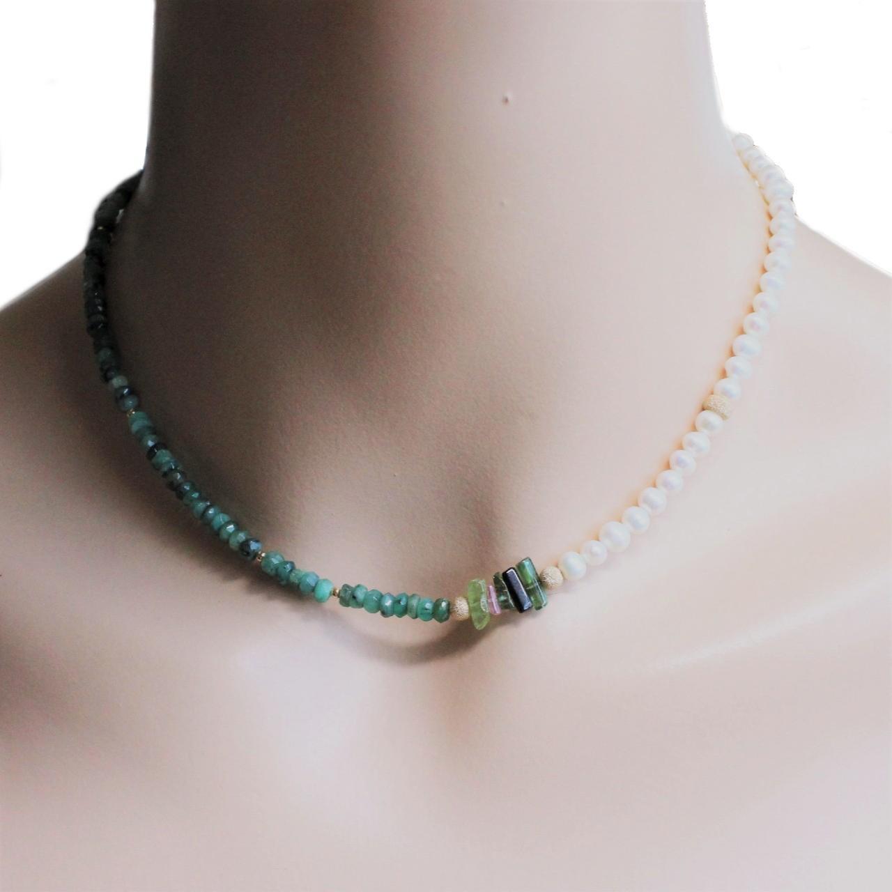 Natural Faceted Emerald, Tourmaline, and Pearl 14k Gold Filled Beaded Necklace