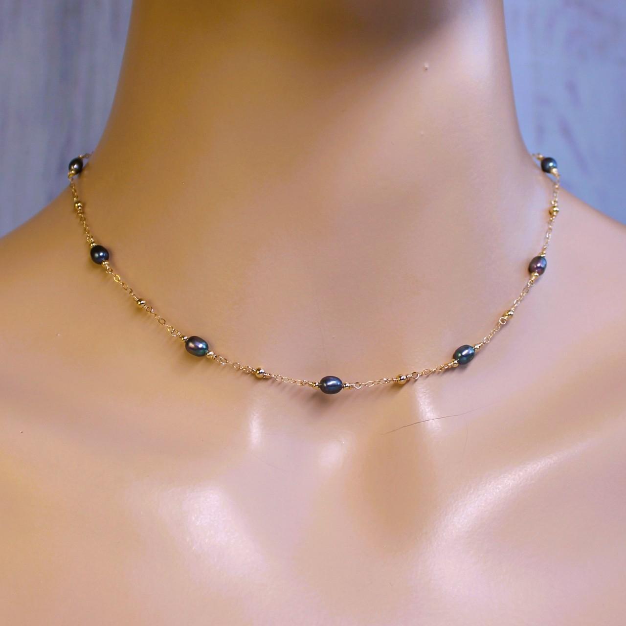 Dainty Peacock Freshwater Pearl 14k Gold Filled Delicate Chain Necklace.