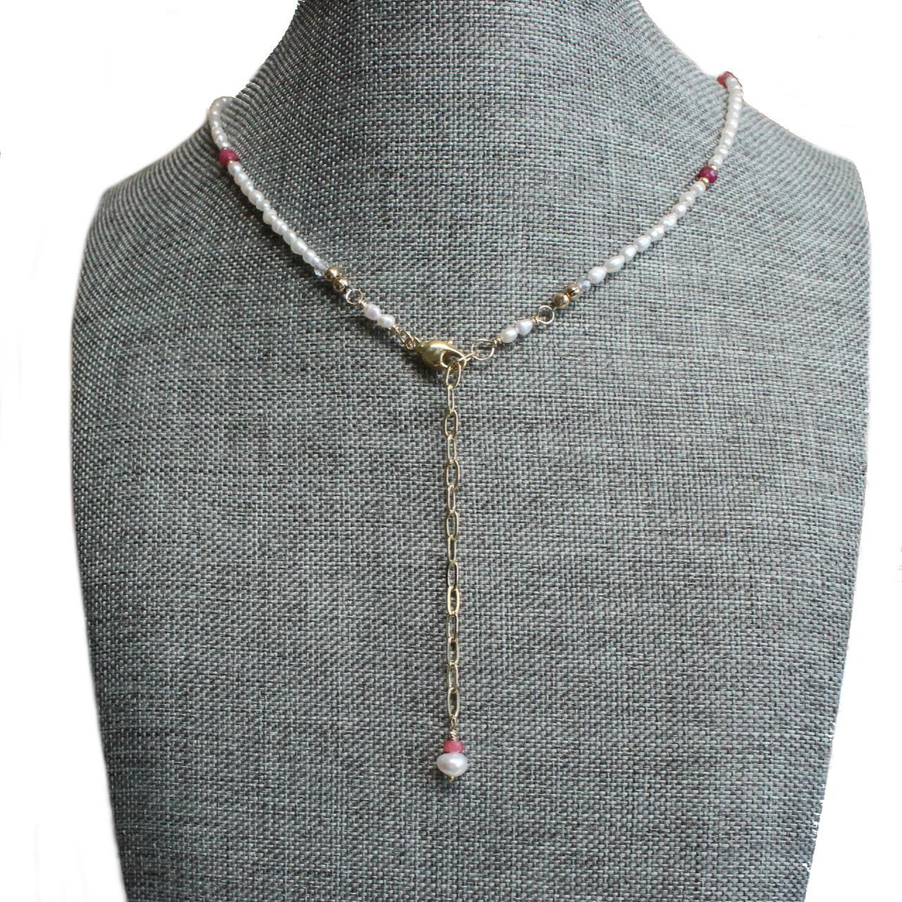 Natural Ruby and Pearls Beaded 14k Gold Filled Necklace