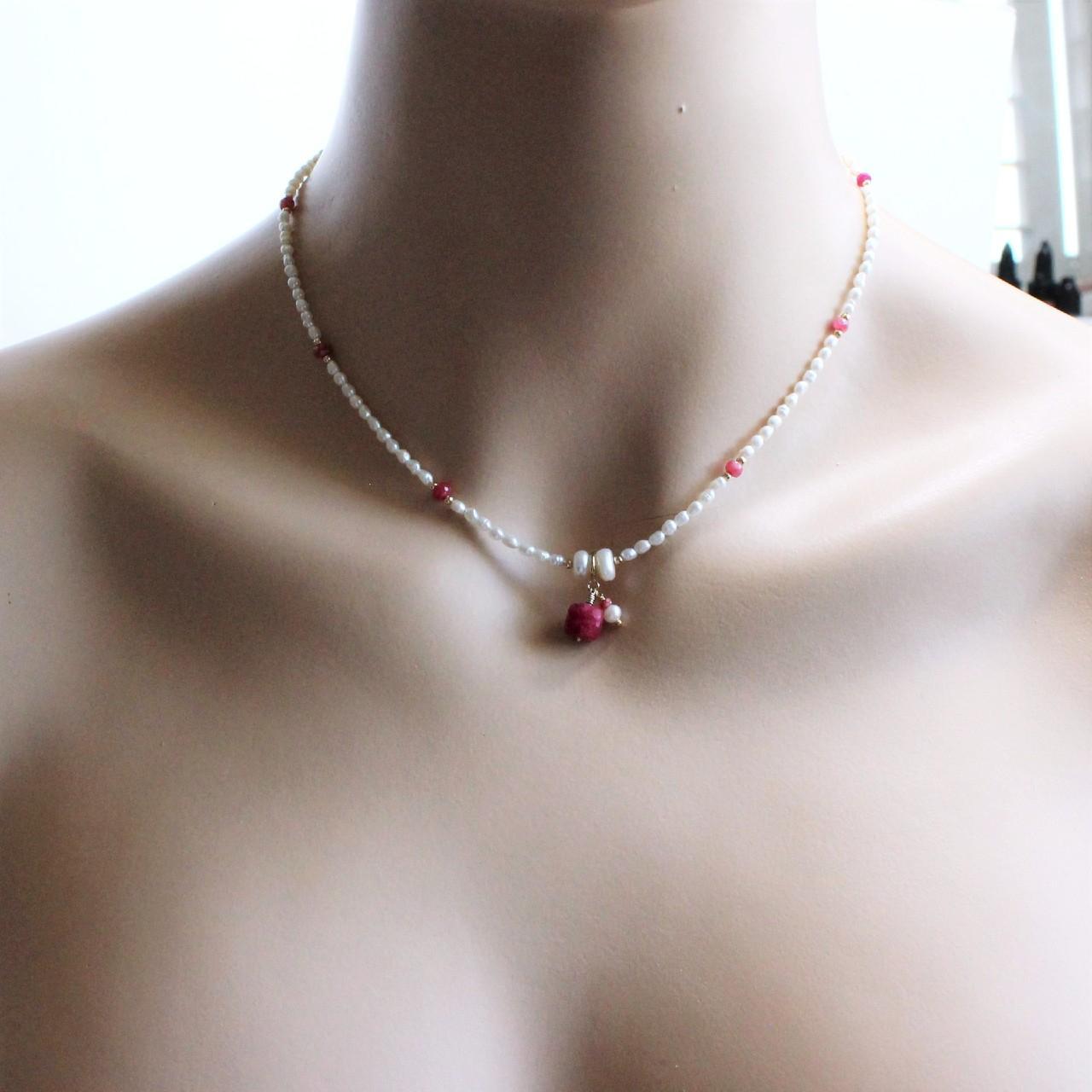 Natural Ruby and Pearls Beaded 14k Gold Filled Necklace