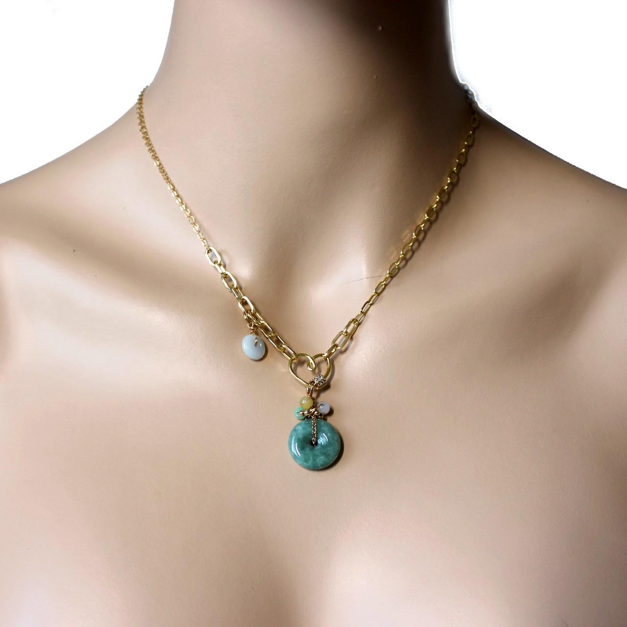 Natural Donut Jadeite Green Grade A Jade ICE Burma Myanmar Gold Filled Heart Carabiner Necklace