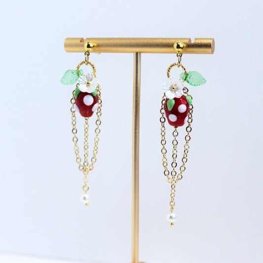 Strawberry Flower Gold Chain Long Dangle Earrings