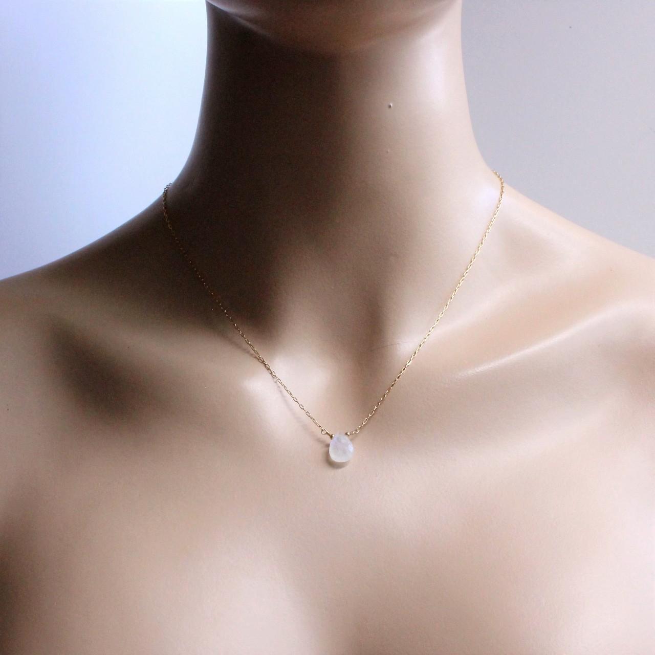 Genuine Faceted Teardrop Rainbow Moonstone 14k Gold Filled Chain Necklace