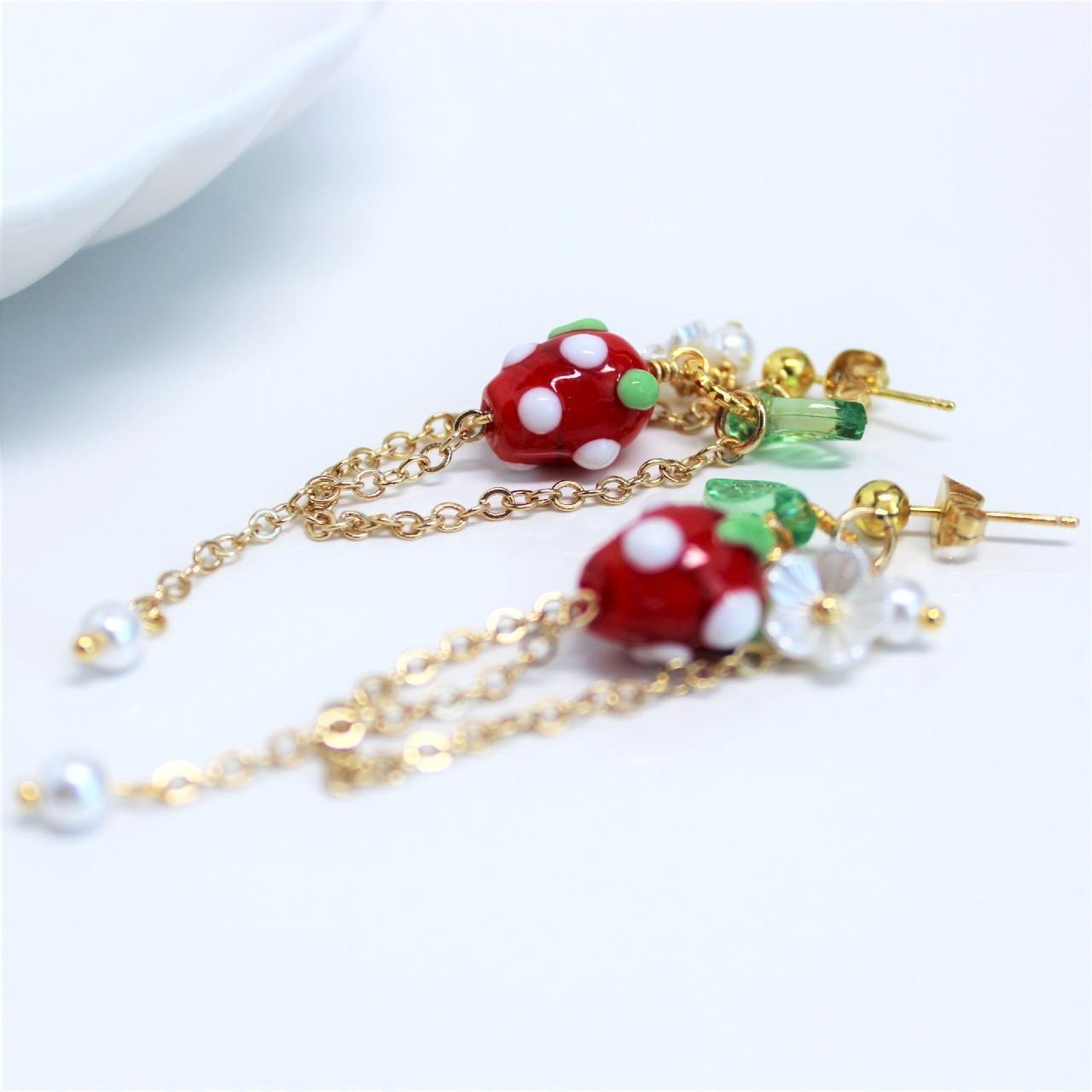 Strawberry Flower Gold Chain Long Dangle Earrings