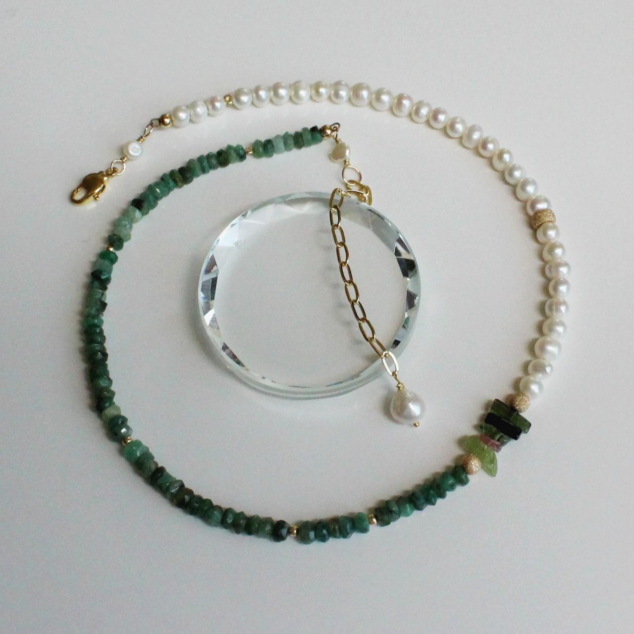 Natural Faceted Emerald, Tourmaline, and Pearl 14k Gold Filled Beaded Necklace