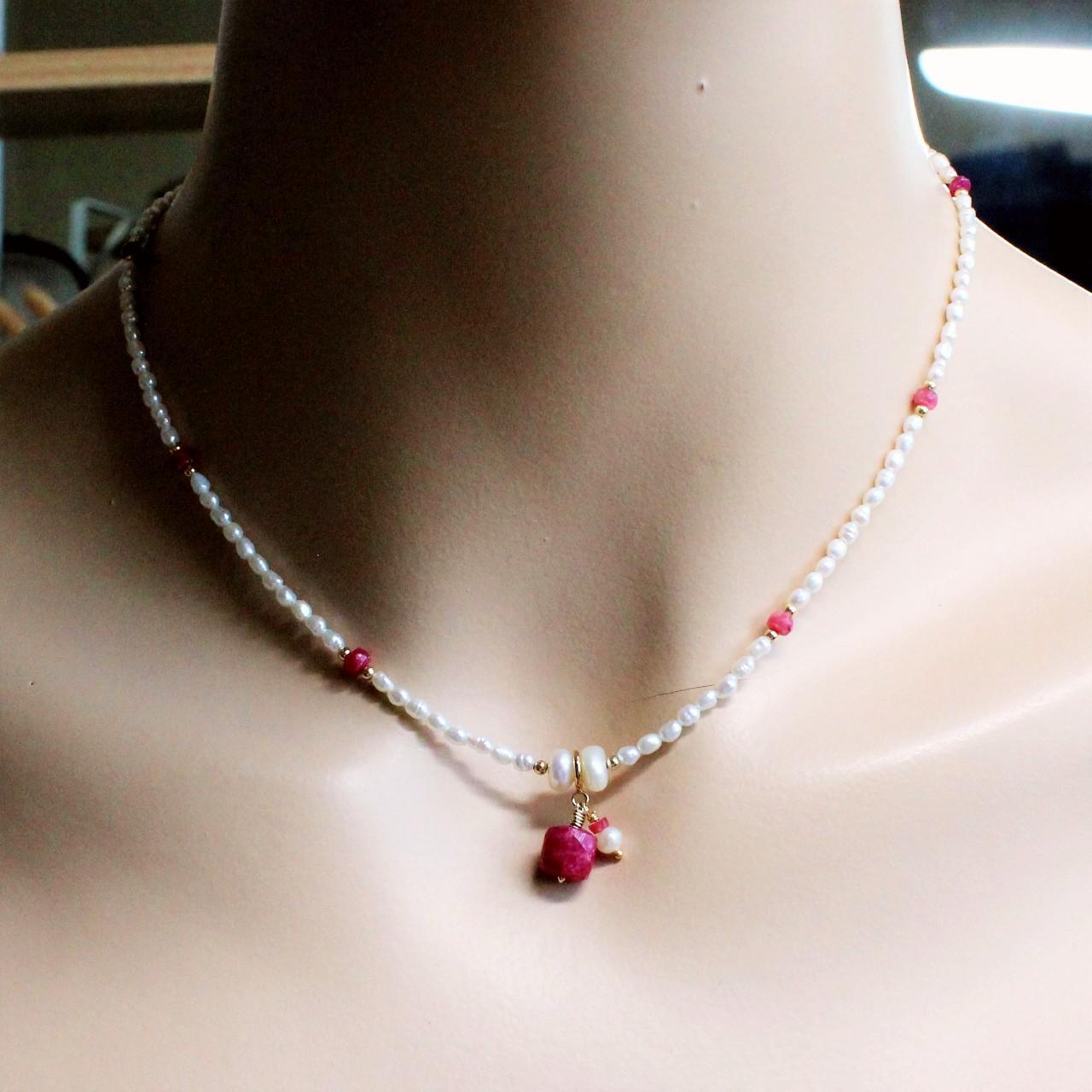 Natural Ruby and Pearls Beaded 14k Gold Filled Necklace