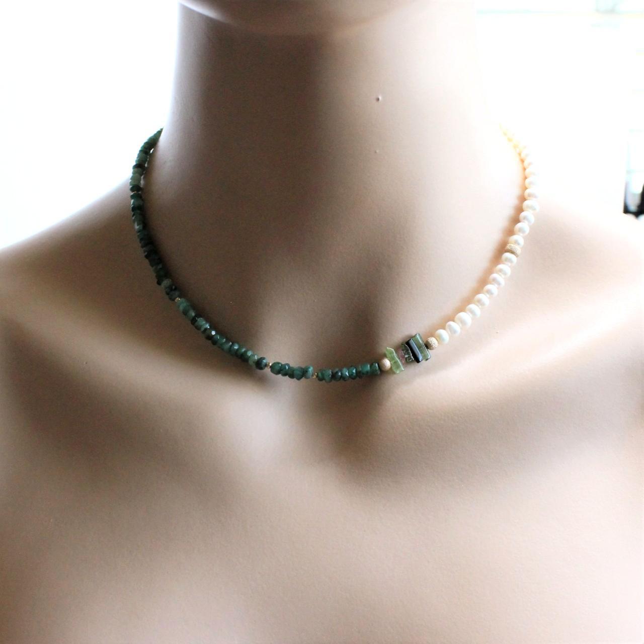 Natural Faceted Emerald, Tourmaline, and Pearl 14k Gold Filled Beaded Necklace