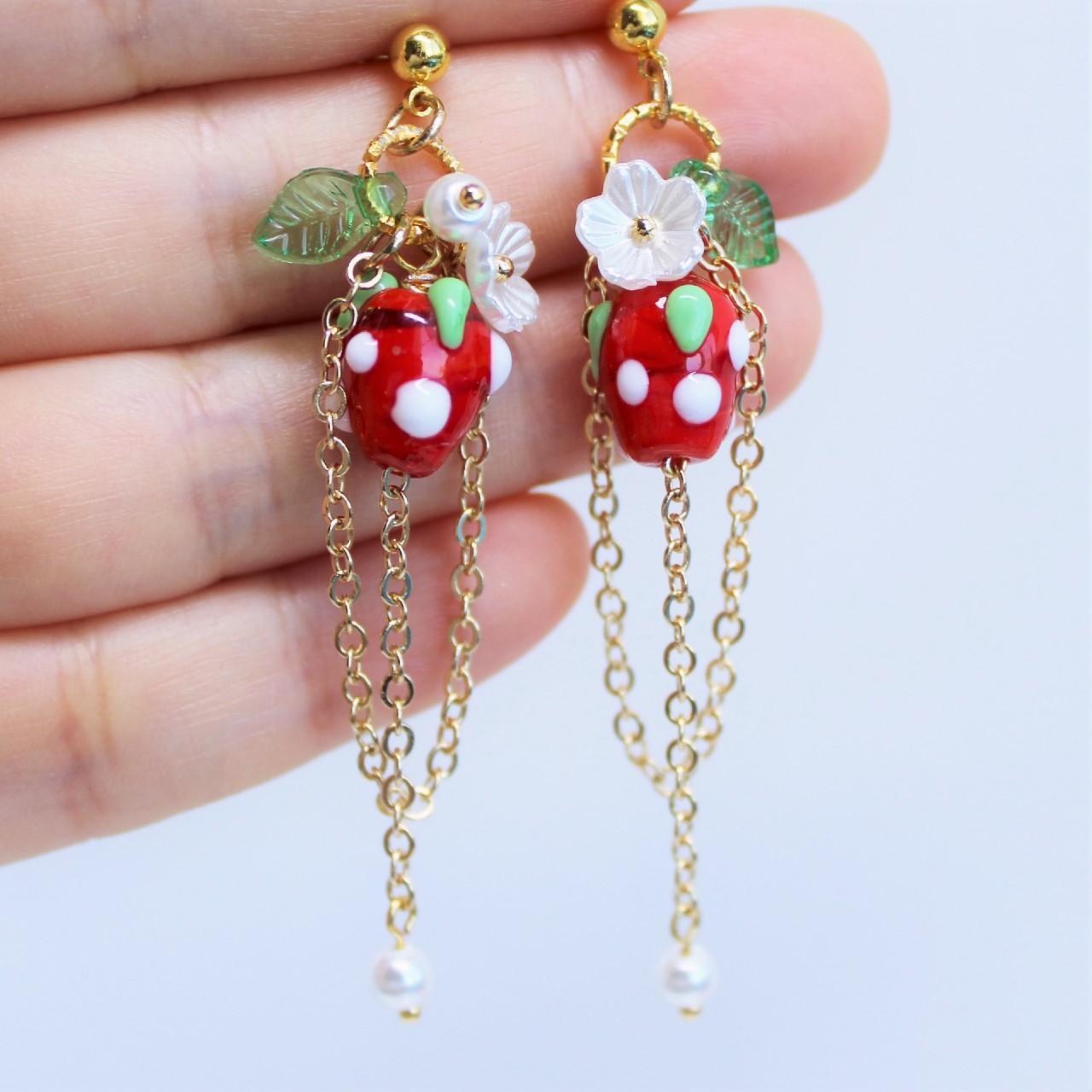 Strawberry Flower Gold Chain Long Dangle Earrings