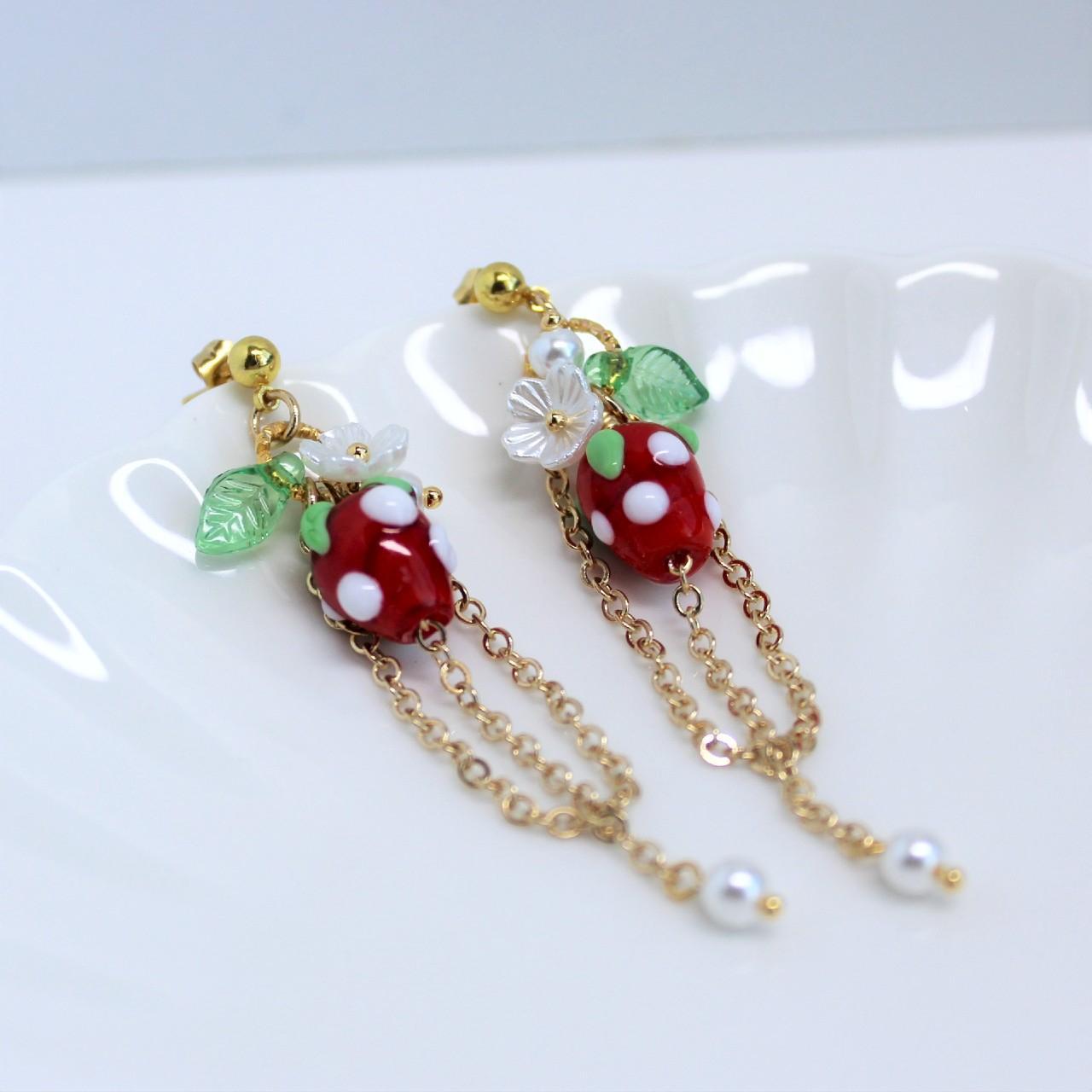 Strawberry Flower Gold Chain Long Dangle Earrings