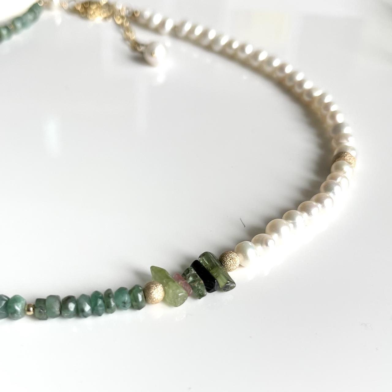 Natural Faceted Emerald, Tourmaline, and Pearl 14k Gold Filled Beaded Necklace